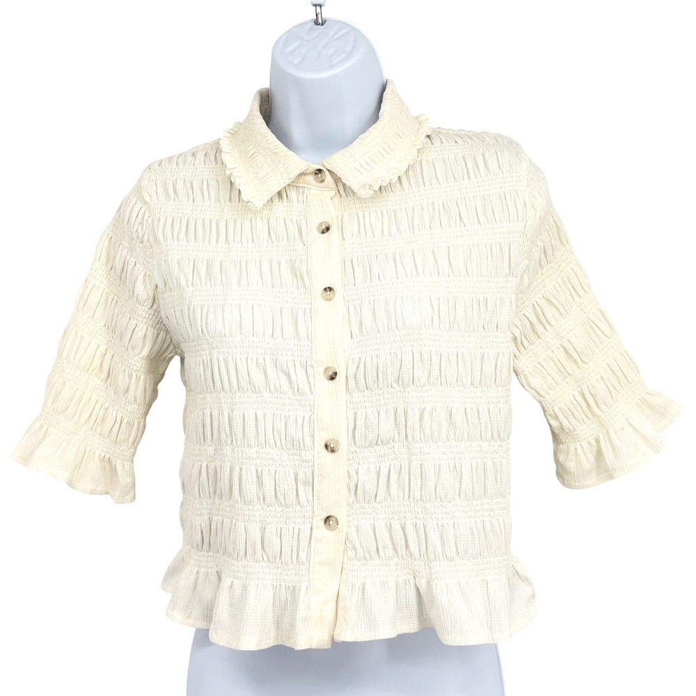 Maeve Anthropologie Smocked Blouse Women SM Ivory Ruffle Button Front Cropped - Picture 2 of 9